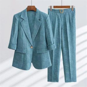 Fashion Suit Elegant Women's Summer Thin Three-Quarter Sleeves Printed Coat Straight Leg Pants Two-Piece Set
