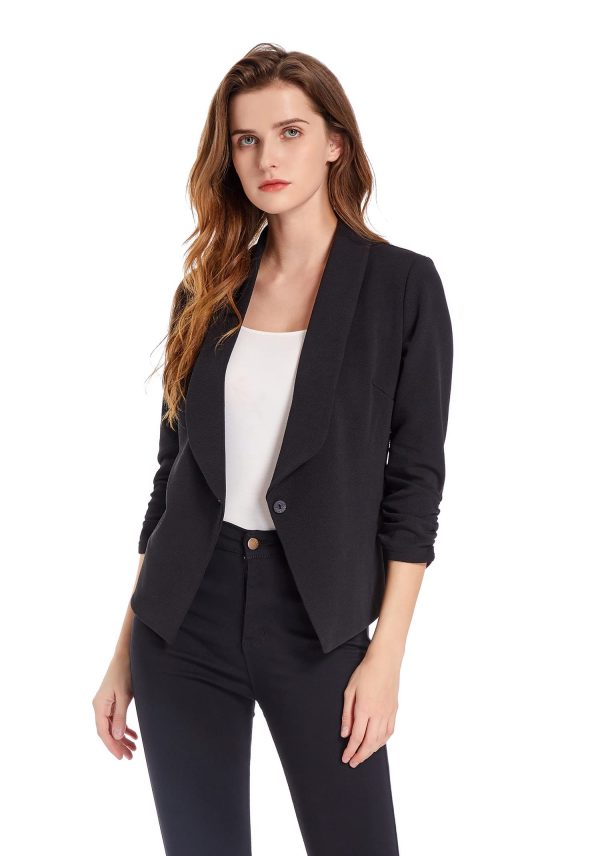 7159kqE48L.jpg Women's Soft Stretchy Lightweight Cardigan Blazer One Button 3/4 Ruched Sleeve Business Casual Blazer Jackets
