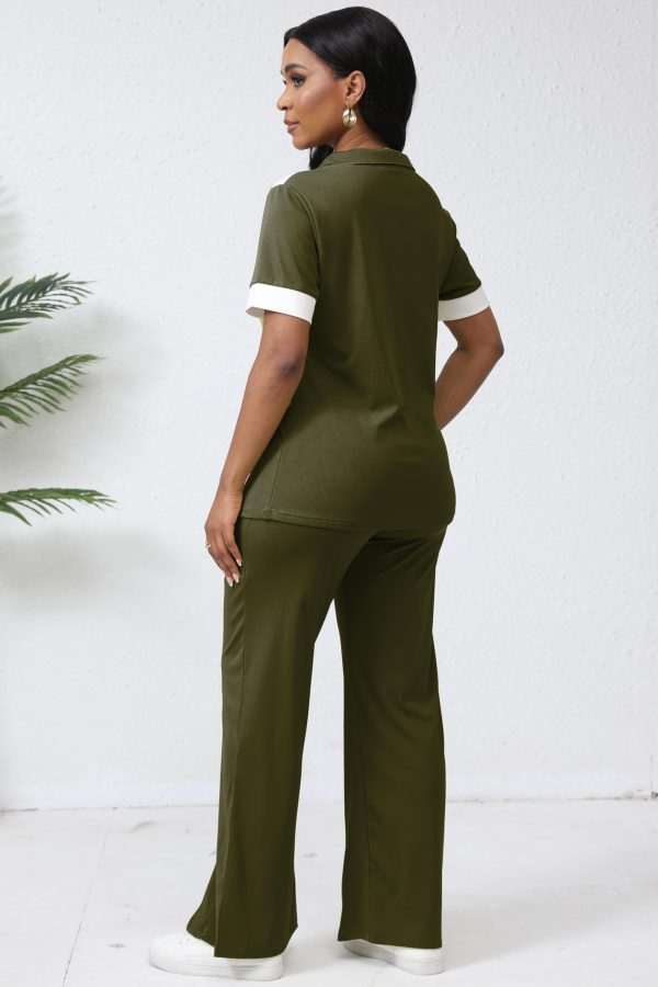 715RGYRjk7L.jpg Women's Lounge 2 Peice Outfit Dressy Casual Short Sleeve Flared Slit Wide Leg Pants Set Match Sweatsuit
