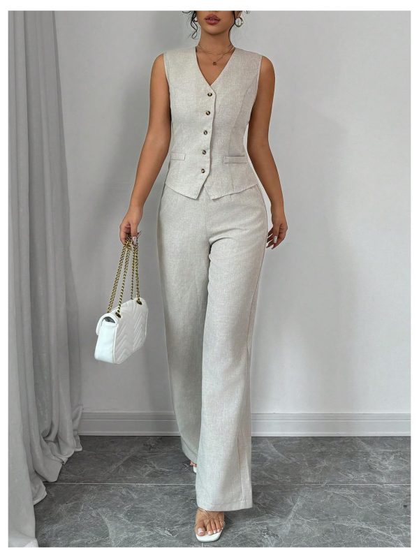 716DTi1t8BL.jpg Women's 2 Piece Outfits V Neck Button Down Vest Tops and High Waisted Pants Set Office Work Suit