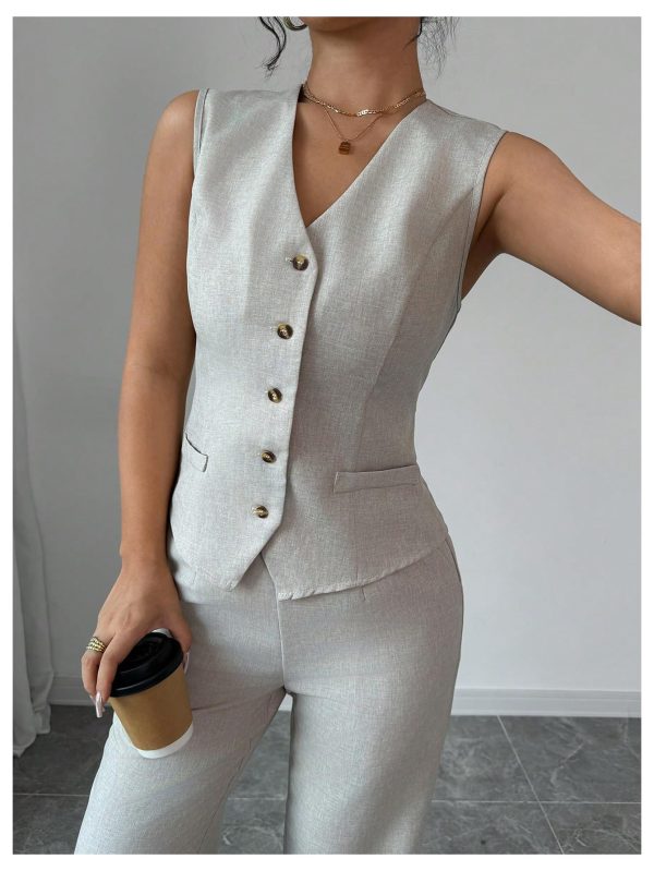 716e4cZgQ5L.jpg Women's 2 Piece Outfits V Neck Button Down Vest Tops and High Waisted Pants Set Office Work Suit