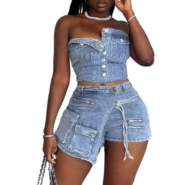 717iACAzYmL.jpg Women's Denim 2 Piece Outfits Button Tube Top and Cargo Shorts with Pockets Summer Sexy Jeans Shorts Set Tracksuits