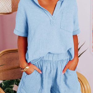 Women's Two Piece Outfits V Neck Short Sleeve Shirts and High Waist Shorts Lounge Sets