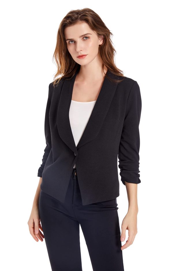 718H95tMBsL.jpg Women's Soft Stretchy Lightweight Cardigan Blazer One Button 3/4 Ruched Sleeve Business Casual Blazer Jackets