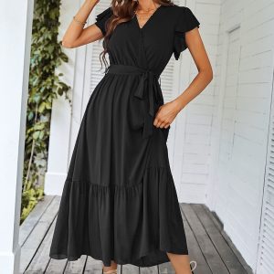 Women's Summer Floral Boho Maxi Dress Wrap Short Sleeve V Neck Ruffle A-Line Flowy Wedding Guest Long Dresses