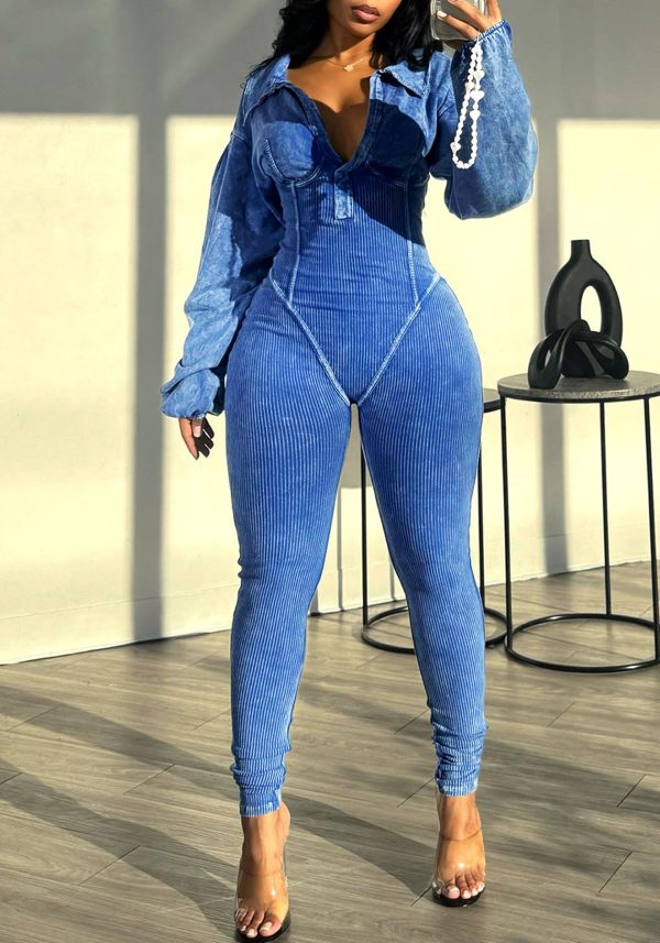 71AOfHJHP0L.jpg Women's Long Sleeve Workout Jumpsuit Sexy V neck Stretchy Ribbed Bodysuits Solid Color Comfy Bodycon Rompers