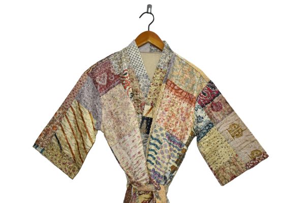71Blceh7elL.jpg Rajbhoomi Women Kimono Robe Handmade Silk Patola Kantha Quilt Body Warmer Coat Rob Patchwork Overcoat Jacket