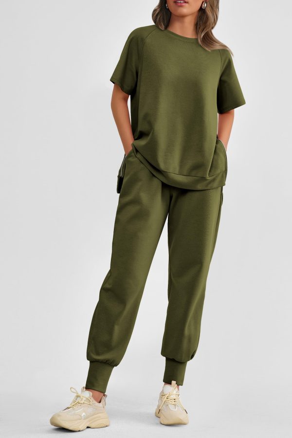 71BsfzKWL8L.jpg Women's Summer 2 Piece Outfit Tracksuits Casual Short Sleeve Tops High Waisted Sweatpants Set