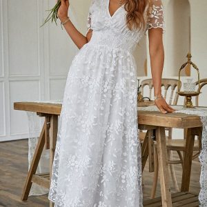 Women's V-Neck Lace Floral Long Dress Embroidery Cocktail Wedding Guest Boho Maxi Dress