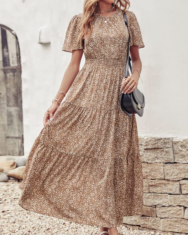 71DFXGoMzML.jpg Women's Summer Casual Short Flutter Sleeve Round Neck Smocked Waist Tiered Boho Floral Flowy Maxi Dress