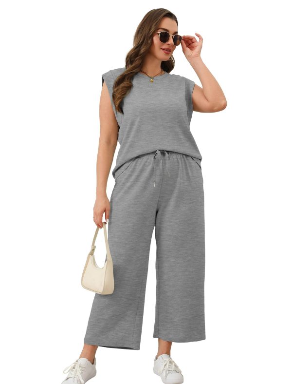 71Dk6j-BJ2L.jpg Two Piece Sets for Women Casual Travel Vacation Outfits Summer Wide Leg Crop Pants Lounge Sets