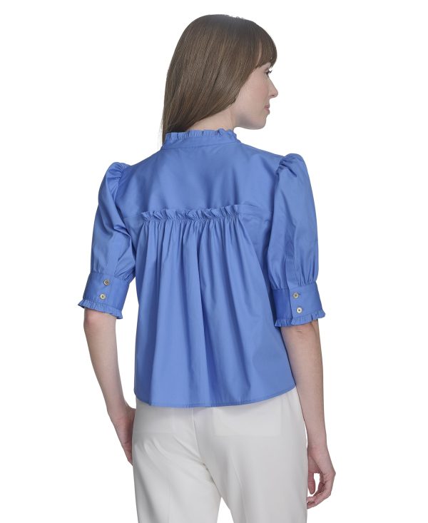 71ENQpPnUzL.jpg Women's Short Sleeve Ruffle Neck Button Front Shirt