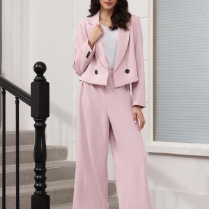 Women's Suit 2 Piece Casual Outfits Cropped Blazer High Waisted Wide Leg Pants for Work