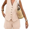 Women's Summer 2 Piece Outfits Sleeveless Matching Sets Button Down V Neck Vest Waistcoat and Pockets Shorts
