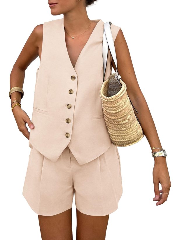 71FywLfvBHL.jpg Women's Summer 2 Piece Outfits Sleeveless Matching Sets Button Down V Neck Vest Waistcoat and Pockets Shorts