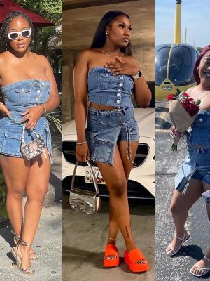 Women's Denim 2 Piece Outfits Button Tube Top and Cargo Shorts with Pockets Summer Sexy Jeans Shorts Set Tracksuits