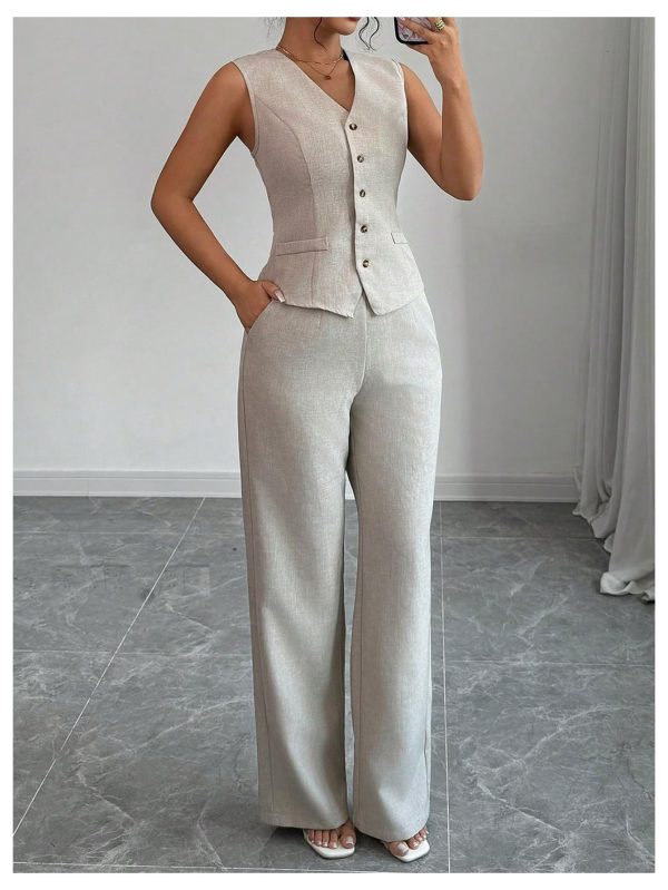 71HXR1I3KGL.jpg Women's 2 Piece Outfits V Neck Button Down Vest Tops and High Waisted Pants Set Office Work Suit