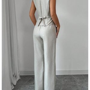 Women's 2 Piece Outfits V Neck Button Down Vest Tops and High Waisted Pants Set Office Work Suit
