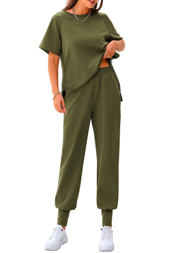 71IGta85-AL.jpg Women's Summer 2 Piece Outfit Tracksuits Casual Short Sleeve Tops High Waisted Sweatpants Set