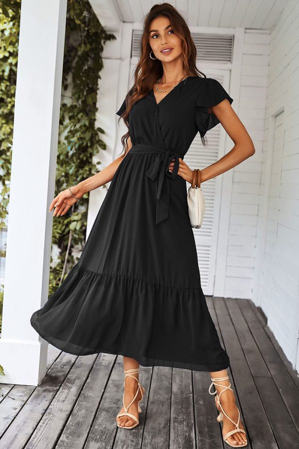 71JUHTAwUZL.jpg Women's Summer Floral Boho Maxi Dress Wrap Short Sleeve V Neck Ruffle A-Line Flowy Wedding Guest Long Dresses