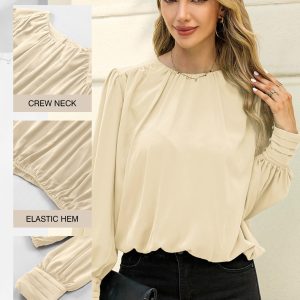 Women's Tops Blouses for Women Casual Long Sleeve Shirts Crew Neck Bohemian Solid Color Spring Work Business