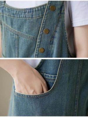 Women Irregular Denim Jumpsuits Sleeveless Loose Buttons Vintage Wide Leg Jumpsuits