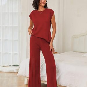 Lounge Sets for Women Two Piece Outfits Knit Cap Sleeve Tops Wide Leg Pleated Pants Casual Dressy Sweater Sets