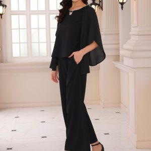 Women's 2 Pieces Sets Elegant Chiffon Sleeve Top Wide Legs Pants Mother of Bride Suits