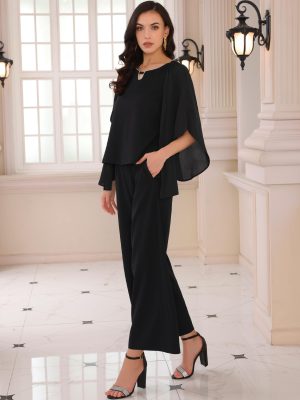 Women's 2 Pieces Sets Elegant Chiffon Sleeve Top Wide Legs Pants Mother of Bride Suits