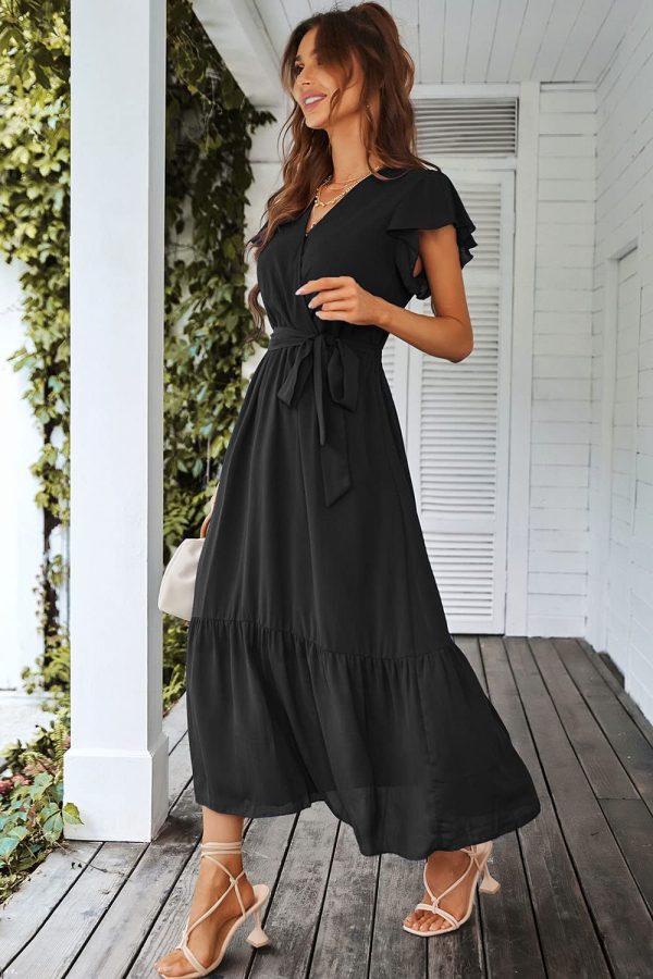 71OdavPNP4L.jpg Women's Summer Floral Boho Maxi Dress Wrap Short Sleeve V Neck Ruffle A-Line Flowy Wedding Guest Long Dresses
