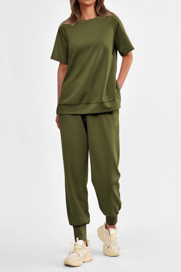 71Otfj5qrOL.jpg Women's Summer 2 Piece Outfit Tracksuits Casual Short Sleeve Tops High Waisted Sweatpants Set