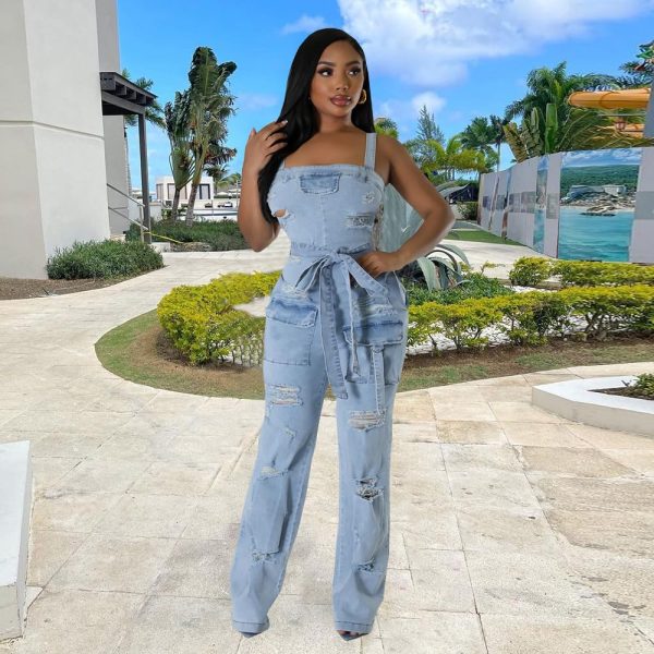 71PFa7XOcpL.jpg Denim Jumpsuit for Women Halter Wide Leg Ripped Jean Jumpsuits for Women with Belt Casual Denim Romper