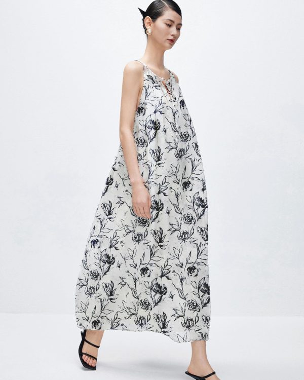 71PqXn1fSGL.jpg Women‘s Boho Tribal Halter Dress Cotton Linen Printed Sleeveless Hanging Neck Drawstring Long Beach Dress with Pockets