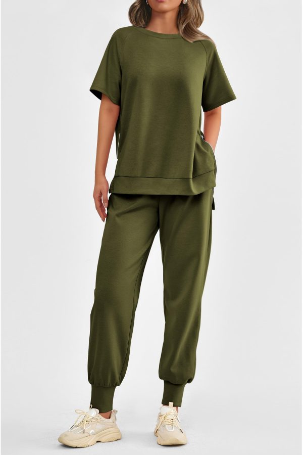 71RTxV9B8FL.jpg Women's Summer 2 Piece Outfit Tracksuits Casual Short Sleeve Tops High Waisted Sweatpants Set