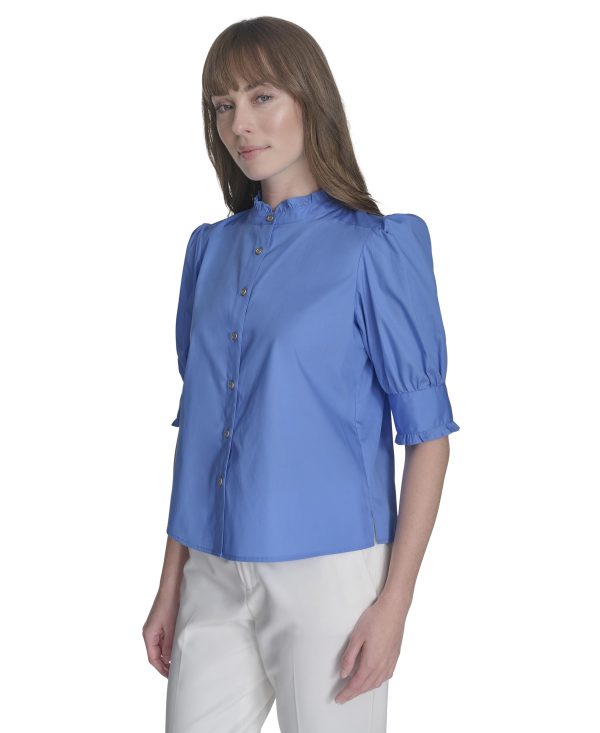 71RW0yNLC2L.jpg Women's Short Sleeve Ruffle Neck Button Front Shirt