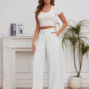 Women Suit Pants Wide Leg Pants High Elastic Waisted in The Back Business Work Trousers Long Straight