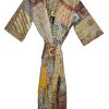 Rajbhoomi Women Kimono Robe Handmade Silk Patola Kantha Quilt Body Warmer Coat Rob Patchwork Overcoat Jacket