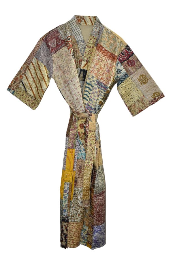 71TGHu1fVGL.jpg Rajbhoomi Women Kimono Robe Handmade Silk Patola Kantha Quilt Body Warmer Coat Rob Patchwork Overcoat Jacket