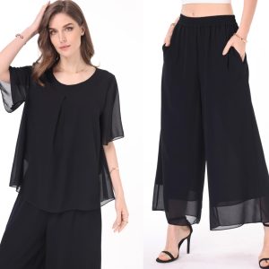 Women's 2 Piece Chiffon Sets Outfits Flowy Summer Casual Dressy Pantsuits Double Layers Blouse Capris Pants Suits