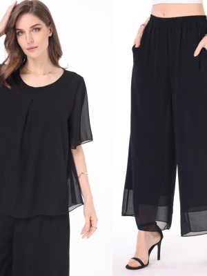 Women's 2 Piece Chiffon Sets Outfits Flowy Summer Casual Dressy Pantsuits Double Layers Blouse Capris Pants Suits