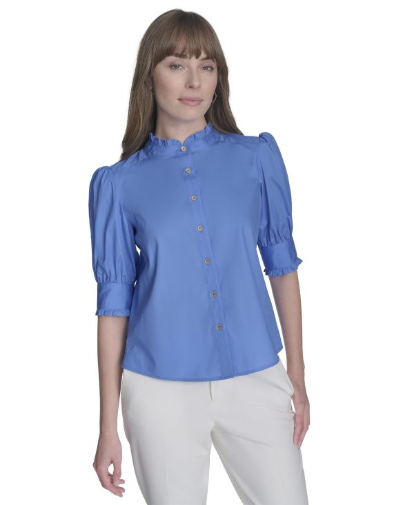 71VKfFX6iWL.jpg Women's Short Sleeve Ruffle Neck Button Front Shirt