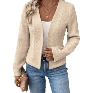 2025 Women's Spring Tweed Blazer Fully-Lined Collarless Open Front Elegant Petite Cute Fashion Casual Work Jacket
