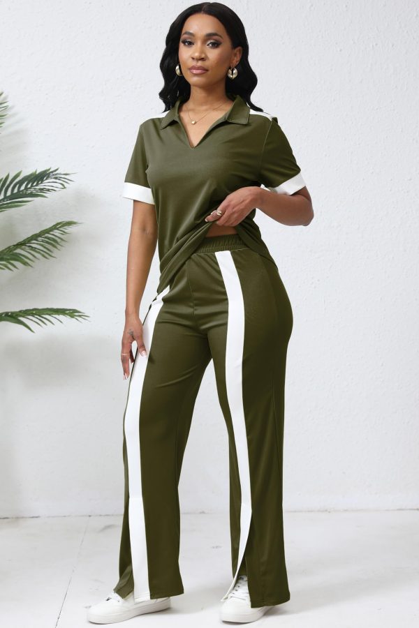 71WkQarYkPL.jpg Women's Lounge 2 Peice Outfit Dressy Casual Short Sleeve Flared Slit Wide Leg Pants Set Match Sweatsuit