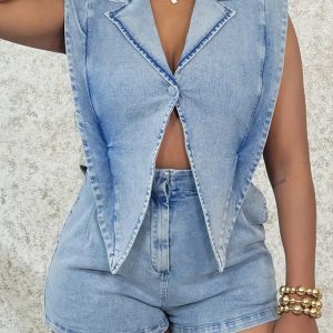 Womens Denim Romper Y2k Sleeveless V Neck Lapel Blazers Vest Work Business Short Jeans Jumpsuits