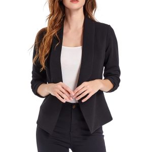 Women's Soft Stretchy Lightweight Cardigan Blazer One Button 3/4 Ruched Sleeve Business Casual Blazer Jackets