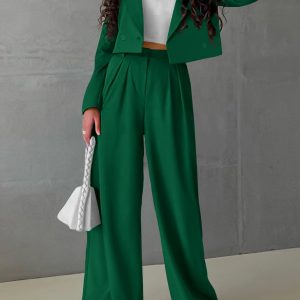 Women's 2 Piece Casual Outfits Cropped Blazer Jackets High Waisted Wide Leg Work Pants Suit Set