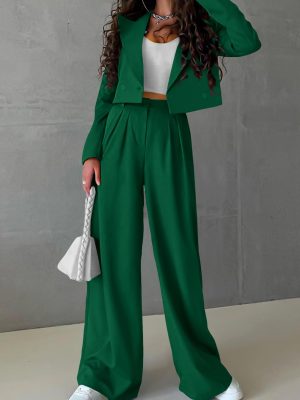 Women's 2 Piece Casual Outfits Cropped Blazer Jackets High Waisted Wide Leg Work Pants Suit Set