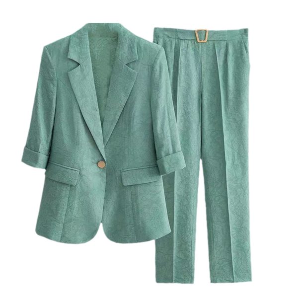 71YVAzvwUGL.jpg Fashion Suit Elegant Women's Summer Thin Three-Quarter Sleeves Printed Coat Straight Leg Pants Two-Piece Set