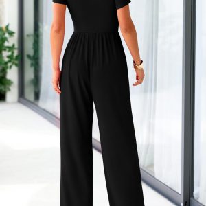 Women's Summer One Piece Jumpsuits Dressy Casual Short Sleeve Square Neck Wide Leg Jumpsuit Rompers