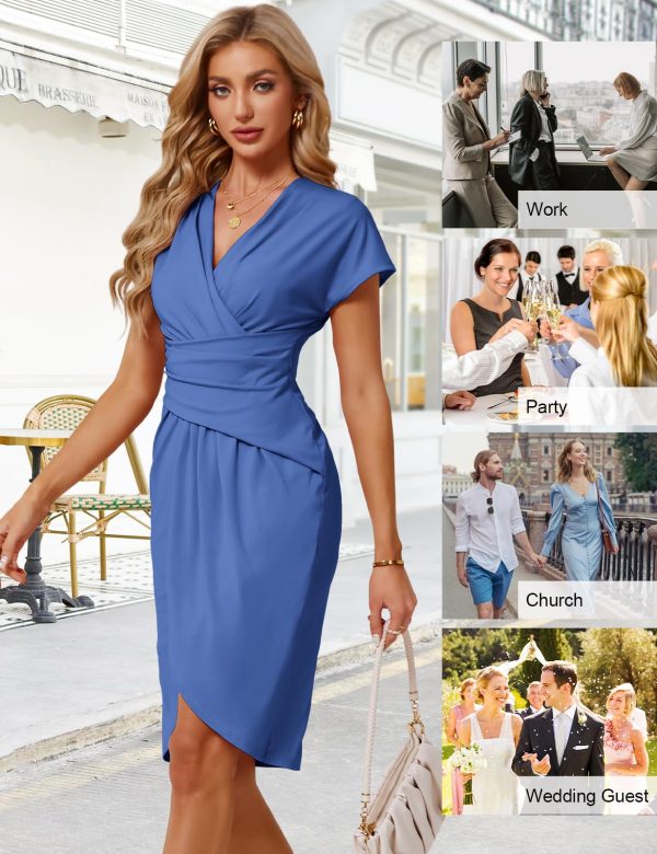 71a0JIXPJSL.jpg Women's Wear to Work Dresses 2024 Professional Trendy Bodycon Wrap Dress Office Business Casual Short Sleeve Dresses